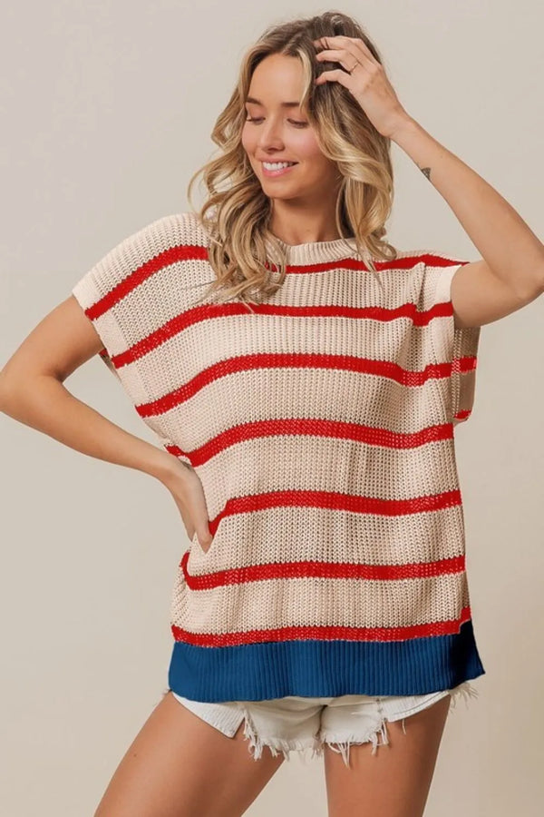 BiBi Fourth Of July Stripe Drop Shoulder Sweater OATMEAL RED NAVY - Fashorio