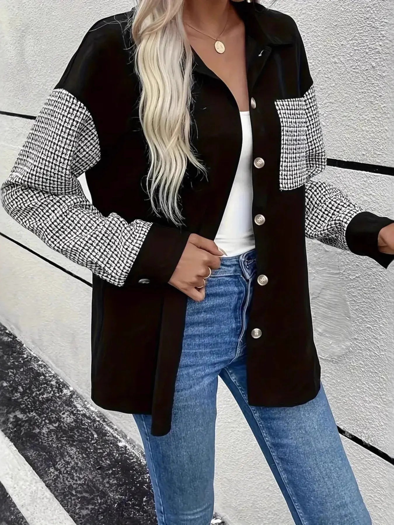 Houndstooth Contrast Button-Up Oversized Jacket - Fashorio
