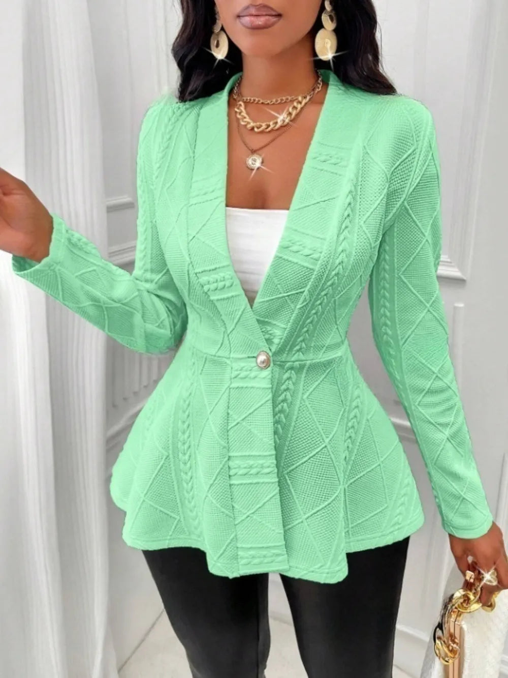 One Button Textured Peplum Cardigan - Fashorio