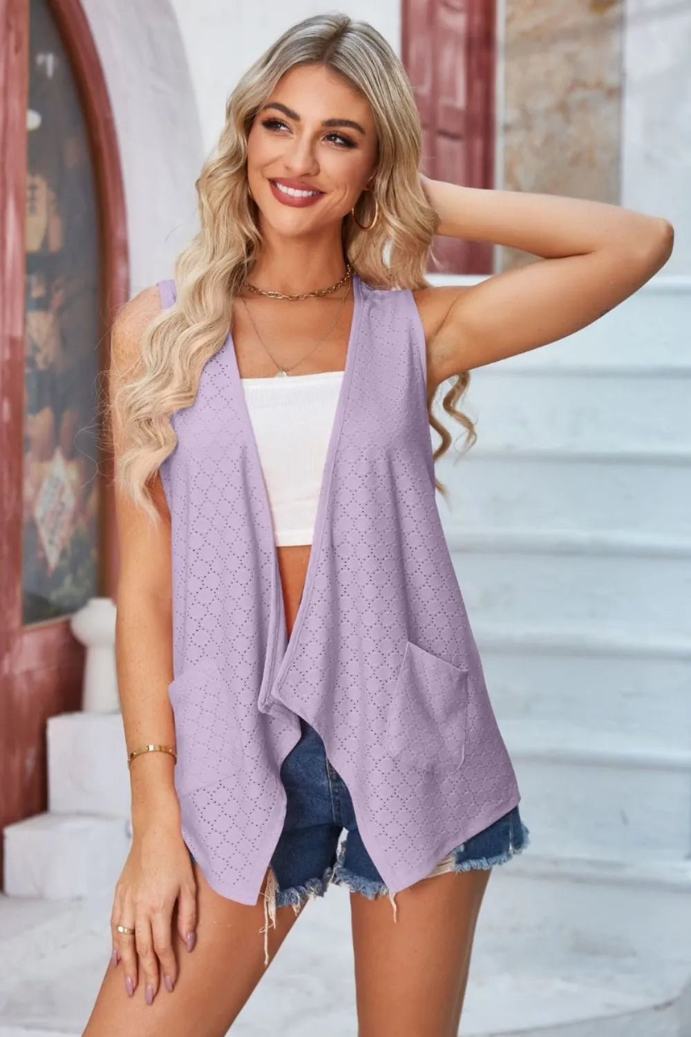Eyelet Open Front Sleeveless Cardigan - Fashorio