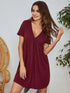 V-Neck Short Sleeve Lounge Dress Burgundy - Fashorio