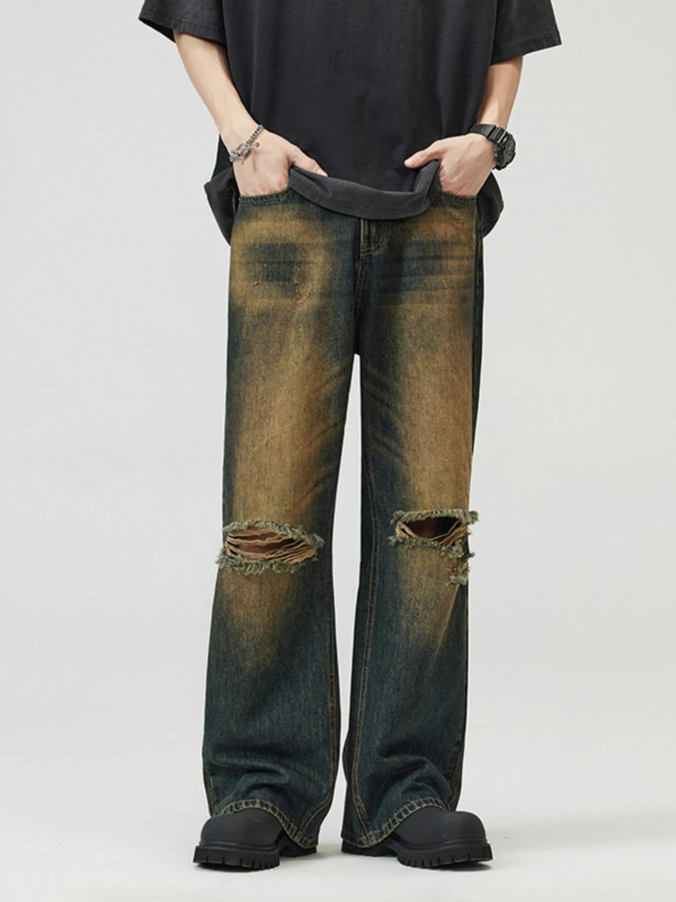Men's Full Size Washed Distressed Wide Leg Jeans Plus Size - Fashorio