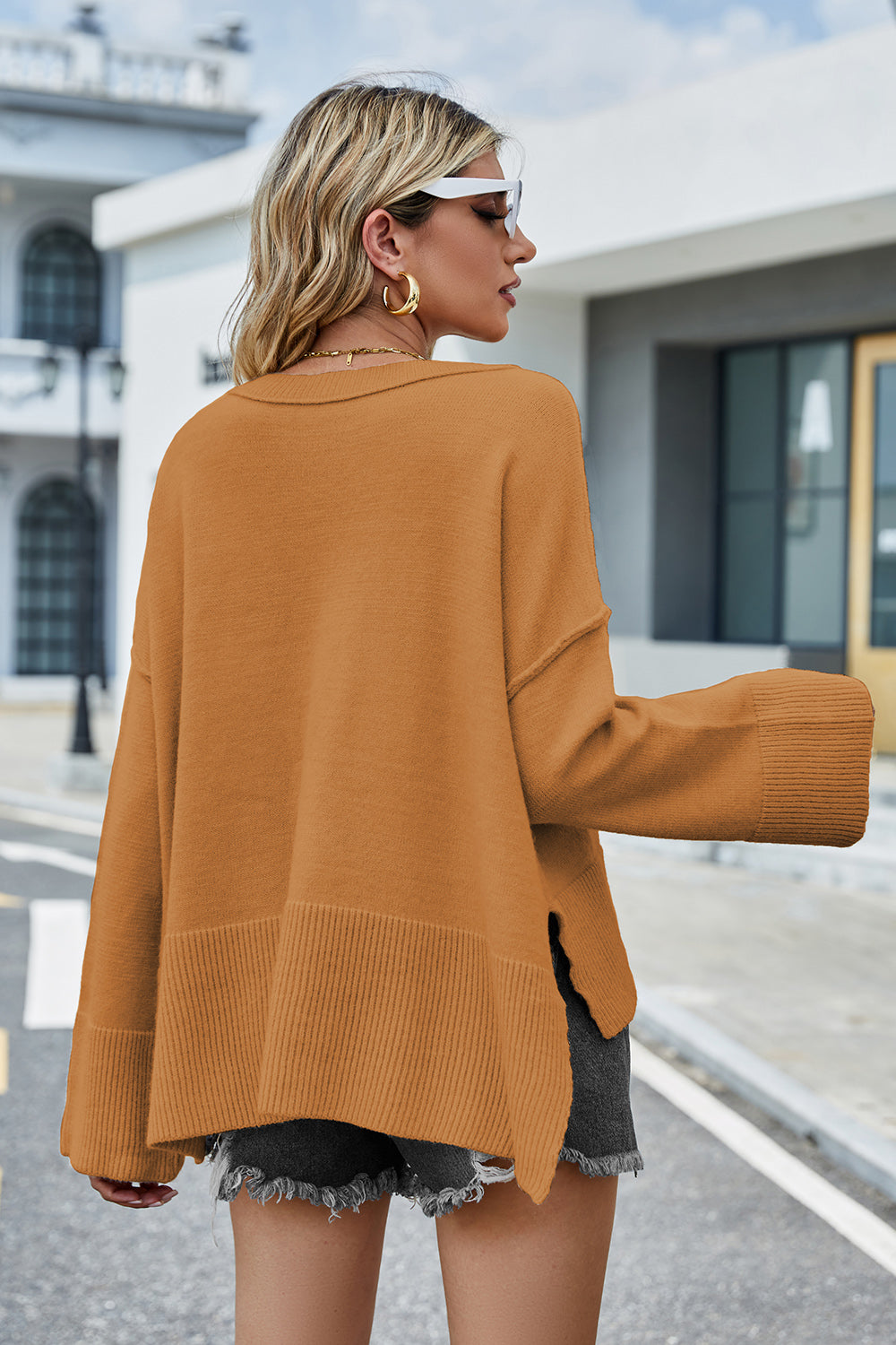 Round Neck Dropped Shoulder Slit Sweater - Fashorio