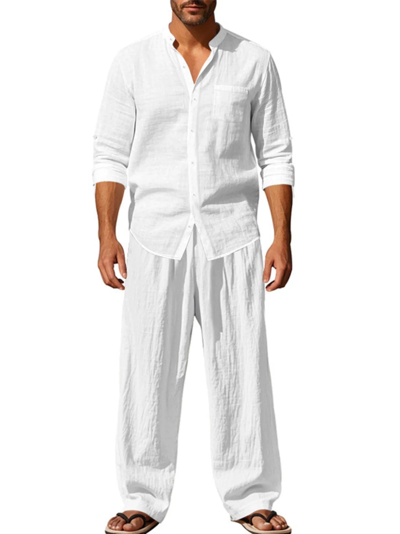 Men's Full Size Button Up Shirt and Pants Set Plus Size White - Fashorio