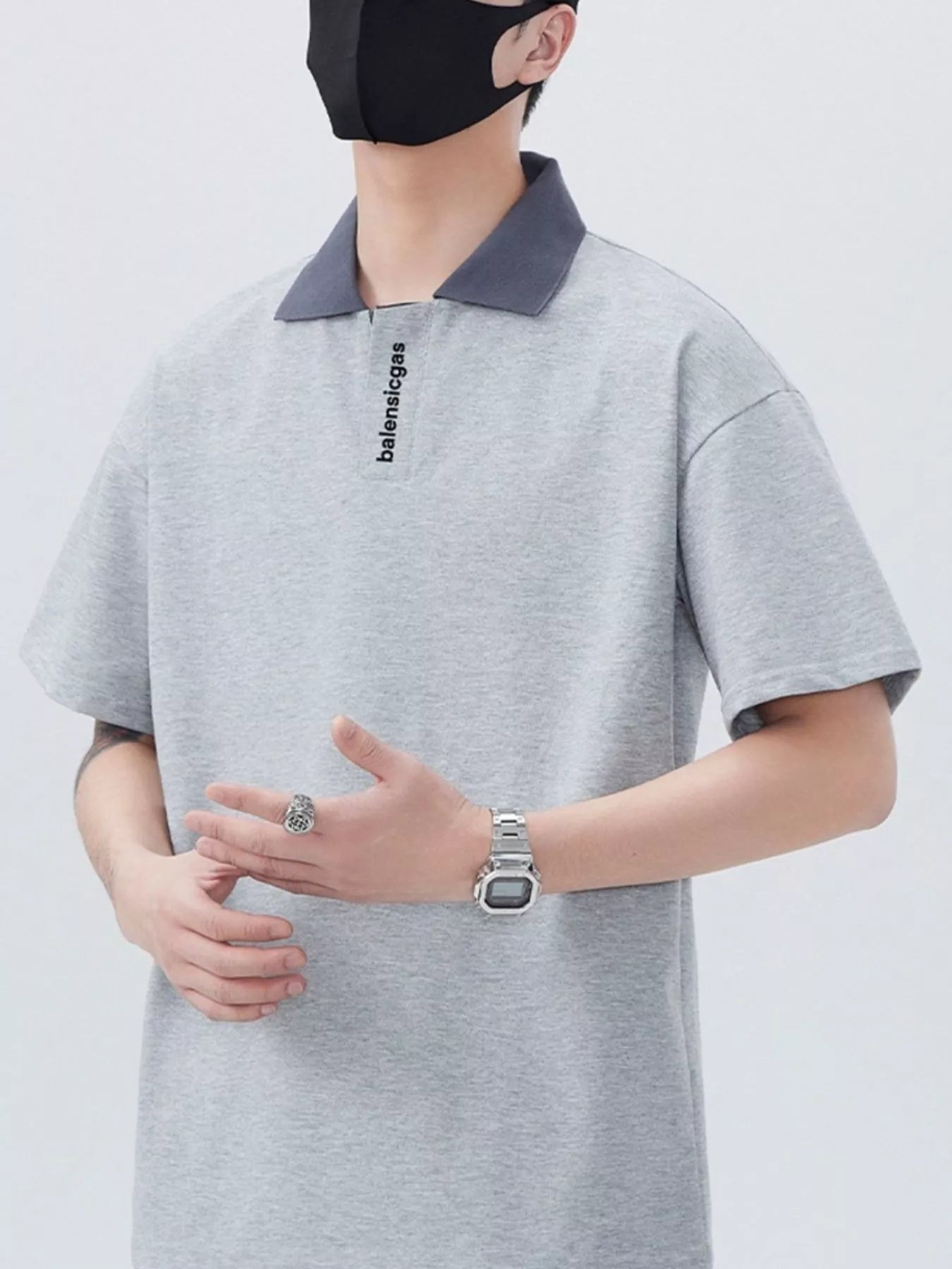 Men's Plus Size Contrast Collar Short Sleeve Polo Light Gray - Fashorio