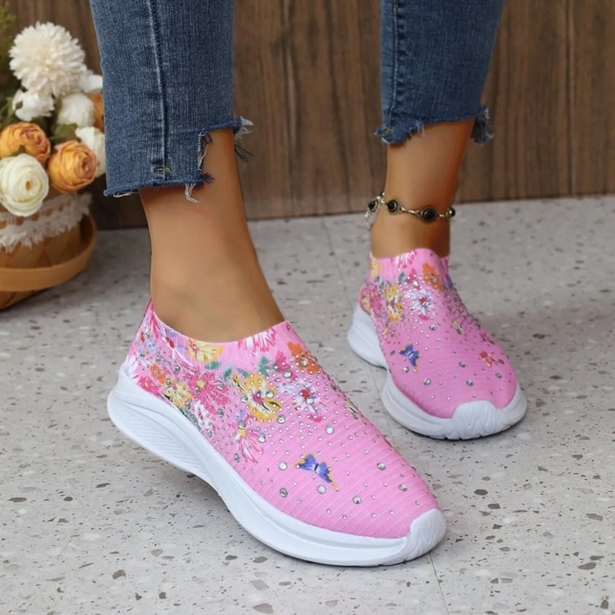 Rhinestone Floral Print Sneakers - Fashorio