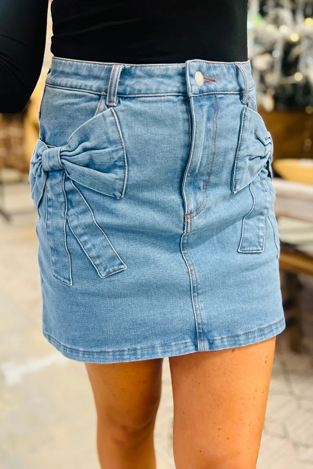 Acid Wash Bowknot Details High Waist Denim Skirt Medium - Fashorio