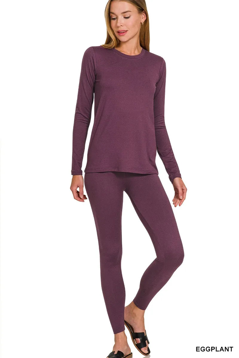 Zenana Microfiber Round Neck Top and Leggings Set EGGPLANT - Fashorio