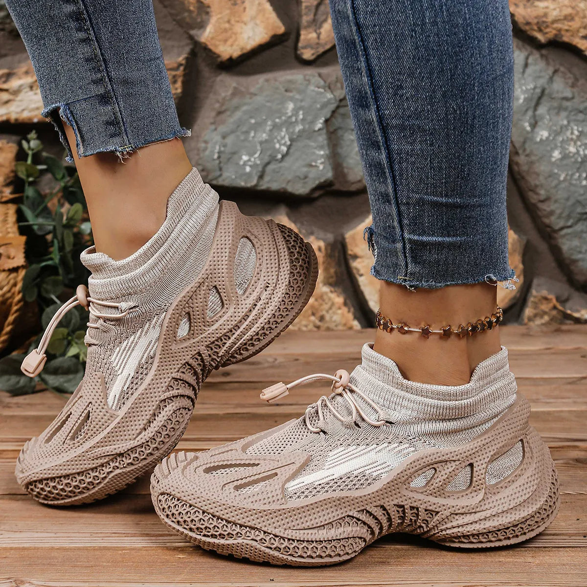 Lace Up Mesh Athletic Khaki - Fashorio
