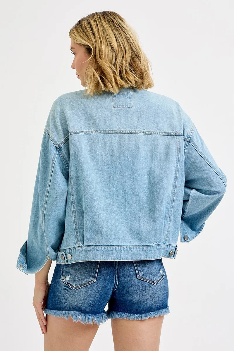 RISEN Washed Dropped Shoulder Denim Jacket - Fashorio