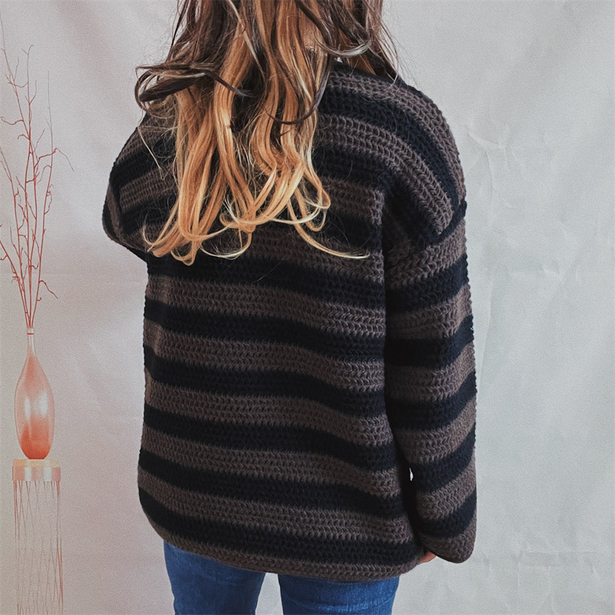 Striped Round Neck Long Sleeve Sweater - Fashorio