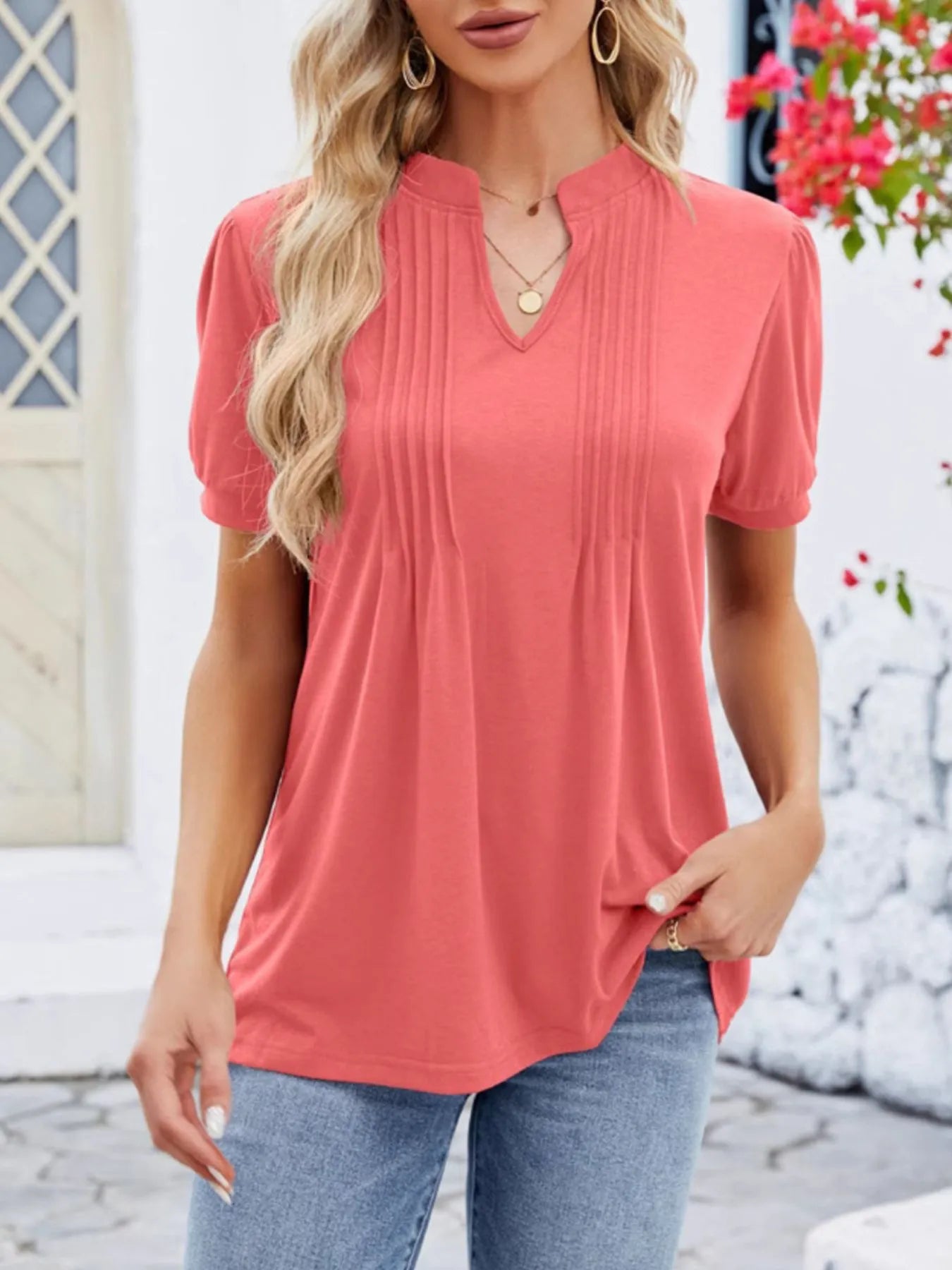 Notched Short Sleeve T-Shirt Orange Red - Fashorio