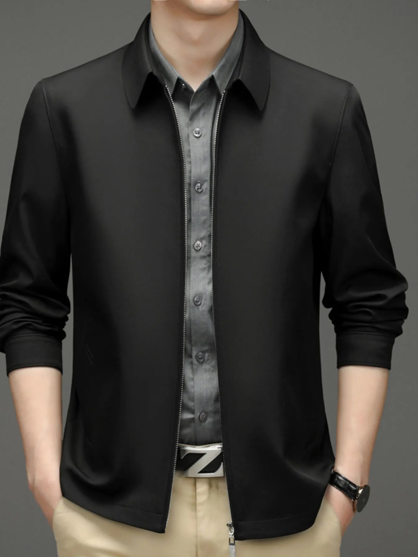 Men's Zip Up Long Sleeve Jacket Black - Fashorio