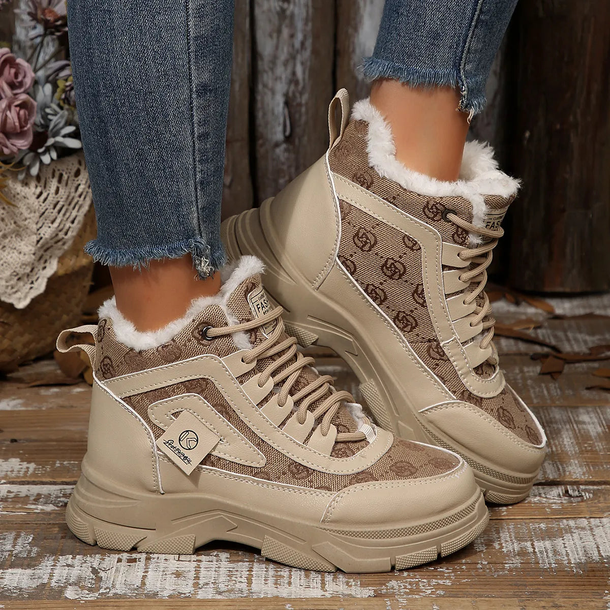 High-Top Platform Chunky Sneaker Boots with Lace-Up Khaki - Fashorio