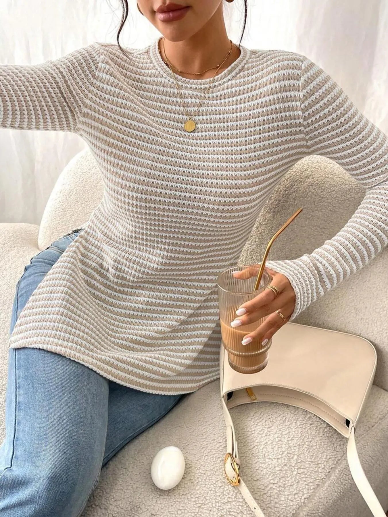 Side Slit Striped Long Sleeve T-Shirt - Fashorio