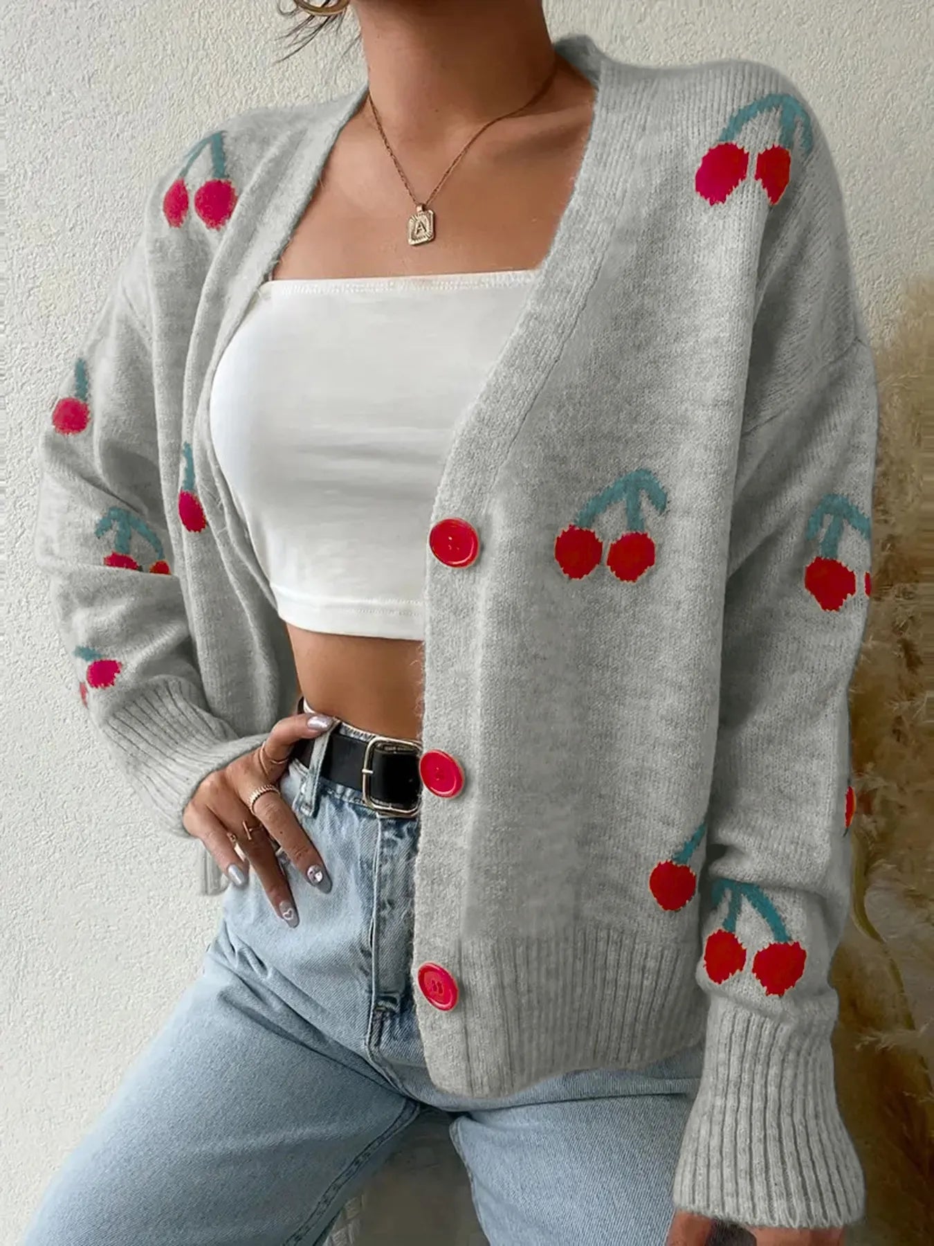 Cherry Button-Up Knit Cardigan - Fashorio