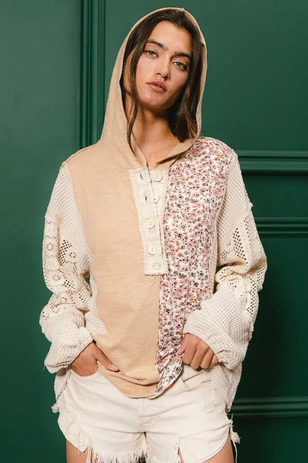 BiBi Slub Jersey with Lace Combo Buttoned Hoodie Top TAUPE - Fashorio