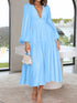Deep V-Neck Balloon Sleeve Plain Maxi Dress Pastel Blue - Fashorio
