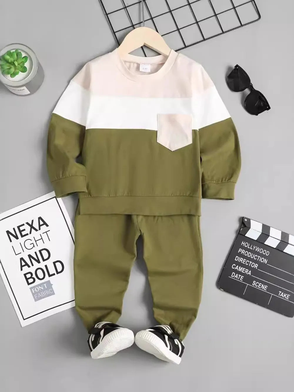 Children's Color Block Top and Pants Set Moss - Fashorio
