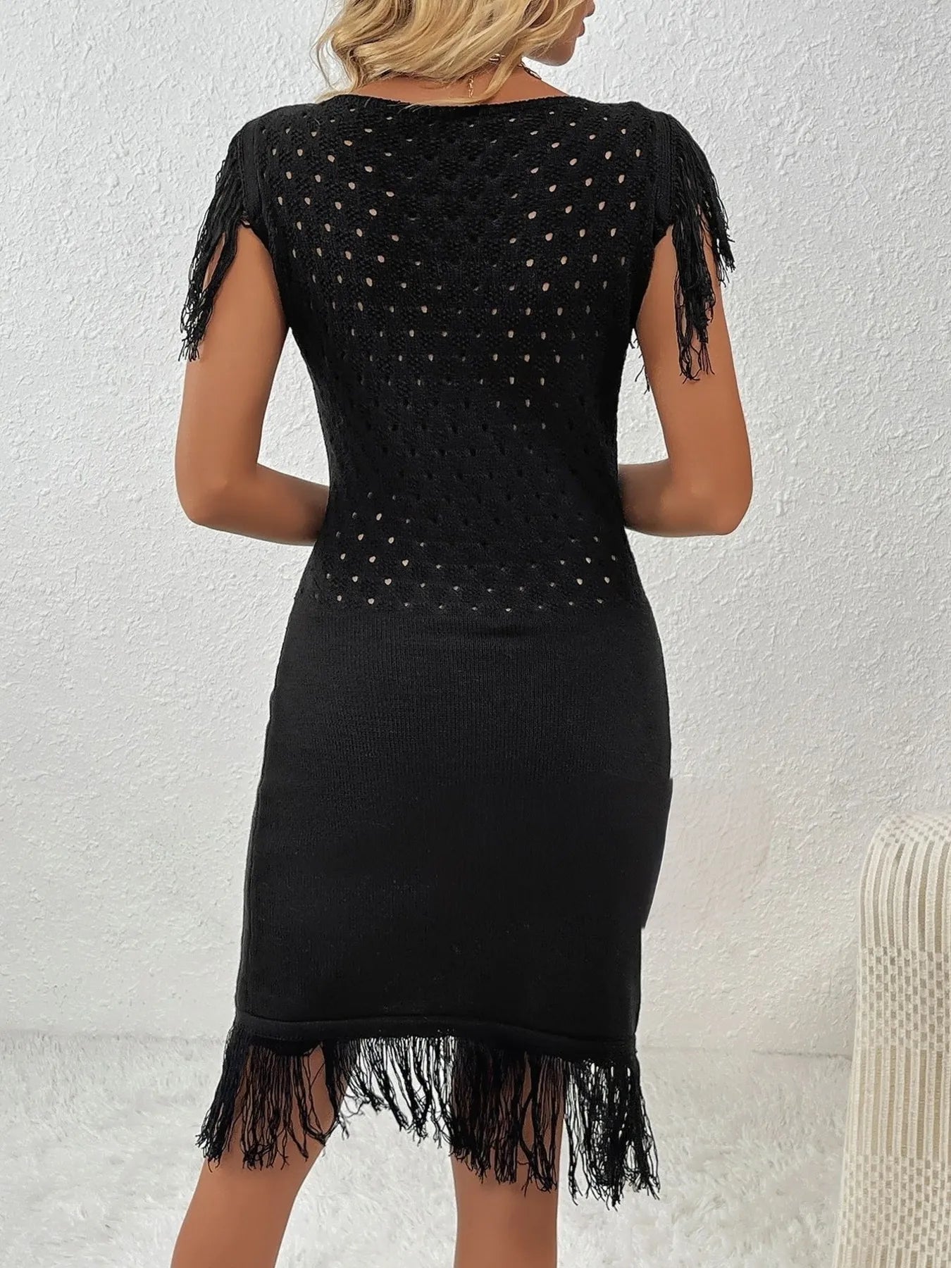 Fringe Crochet Boat Neck Sweater Dress - Fashorio