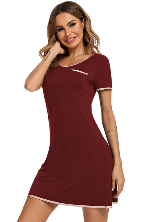 Contrast Trim Pocketed Round Neck Lounge Dress - Fashorio