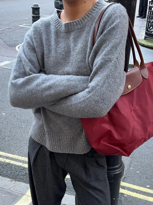 Ribbed Crewneck Drop Shoulder Sweater Dark Gray - Fashorio