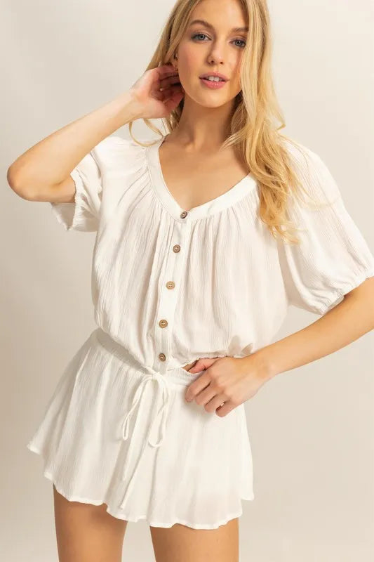 HYFVE Drawstring Hem Short Sleeve Top and Skort Set Off White - Fashorio