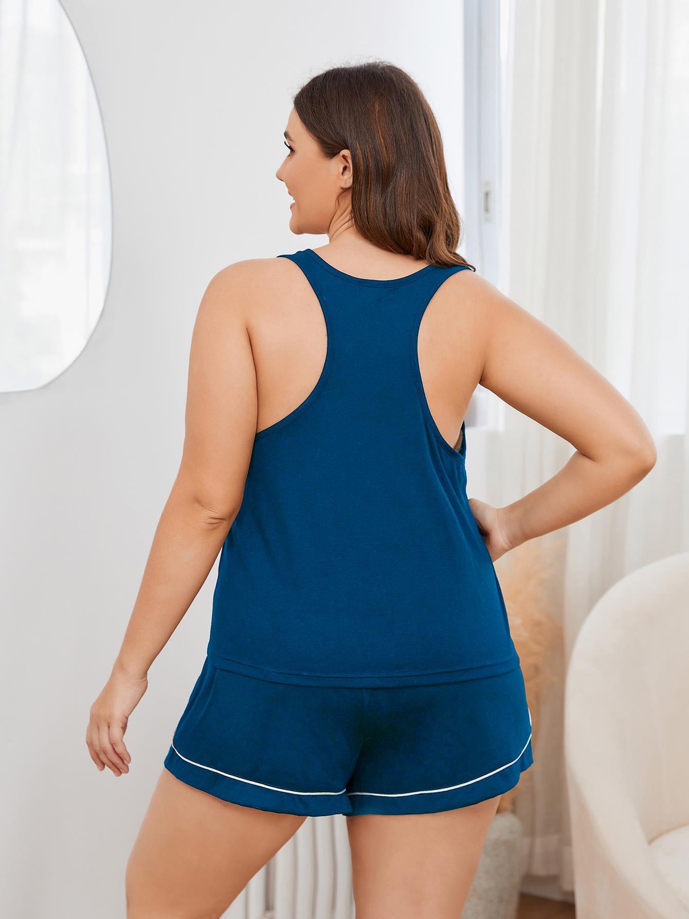 Plus Size Contrast Piping Racerback Tank and Shorts Lounge Set - Fashorio