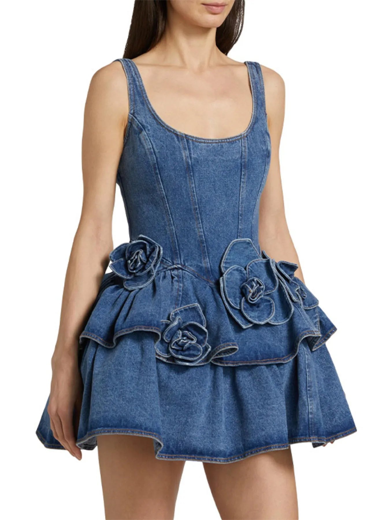 Ruffled Layered Scoop Neck Denim Dress - Fashorio