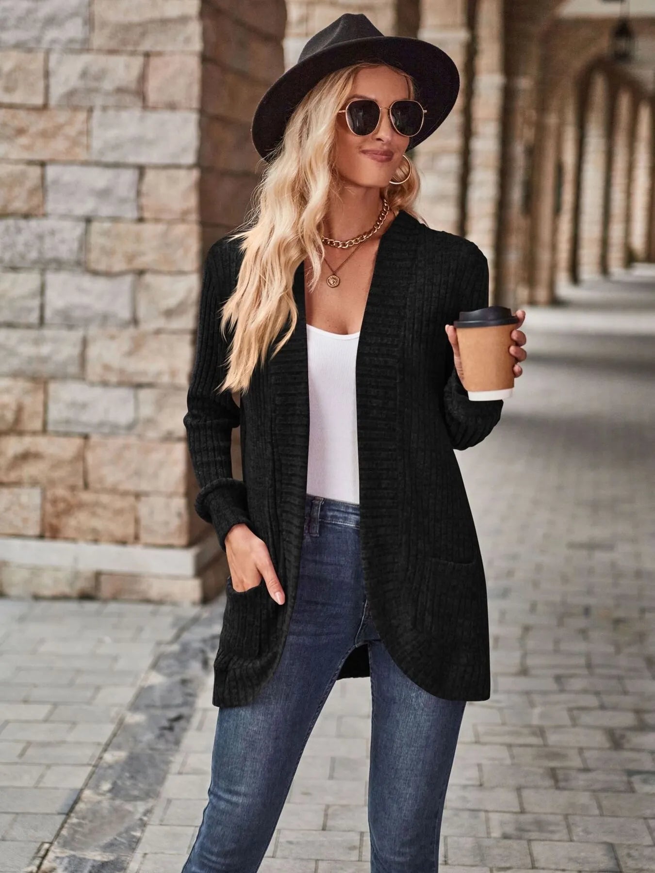 Ribbed Open Front Long Cardigan with Pockets - Fashorio