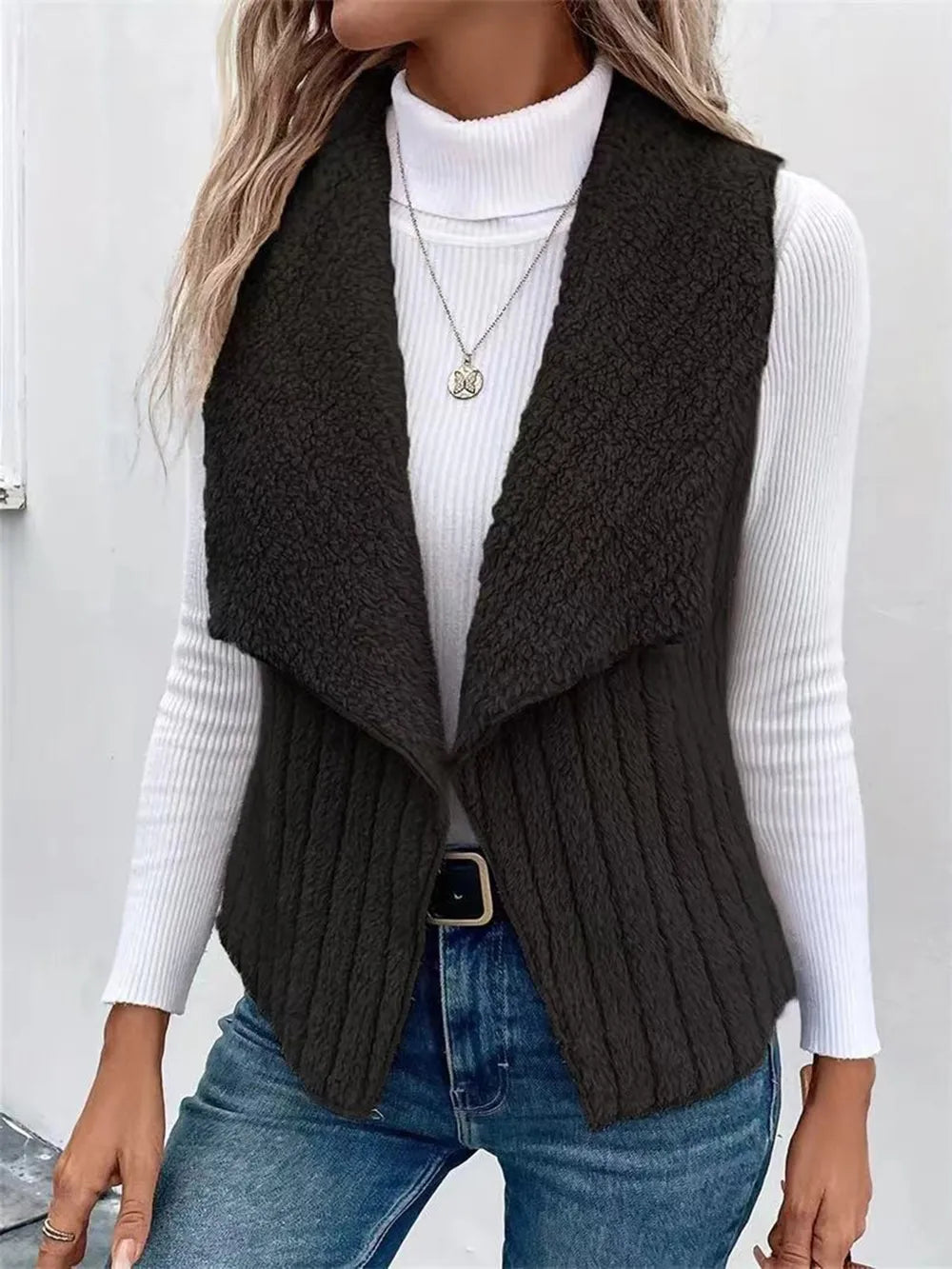 Open Front Fuzzy Vest Coat Black - Fashorio