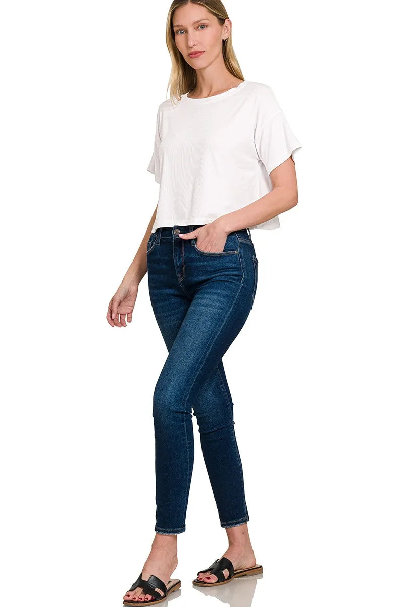 Zenana Ribbed Round-Neck Crop T-Shirt - Fashorio