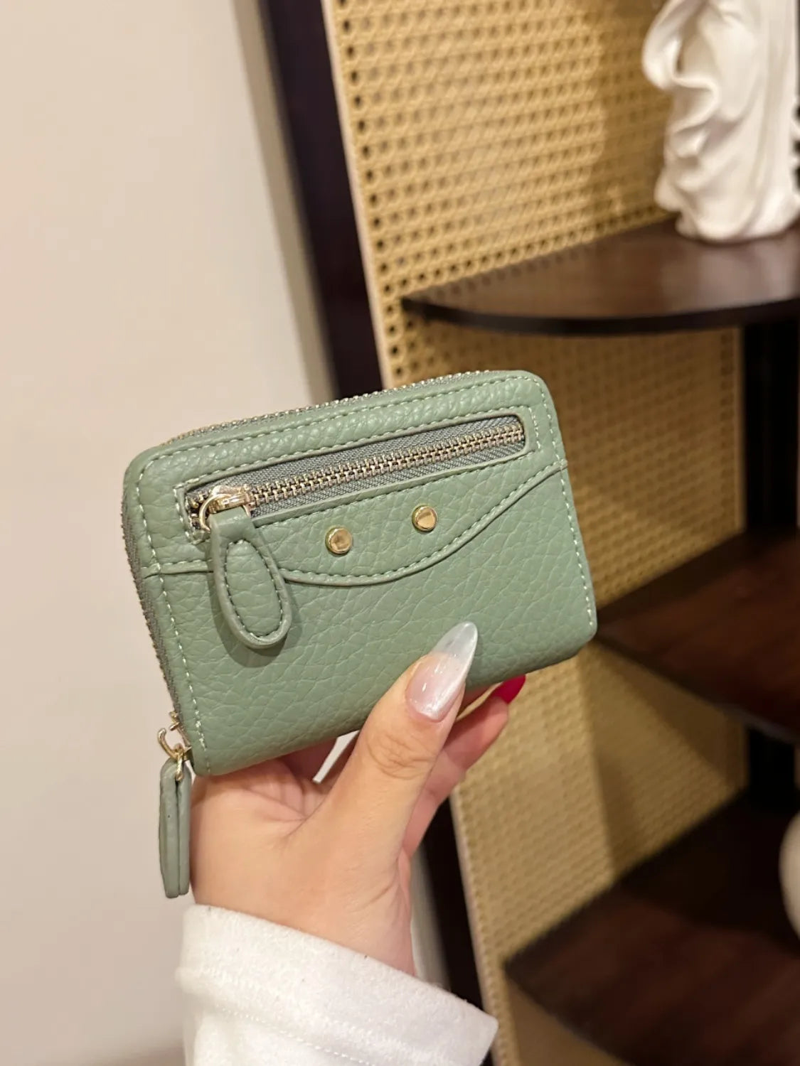 PU Leather Solid Color Card Case Sage One Size - Fashorio
