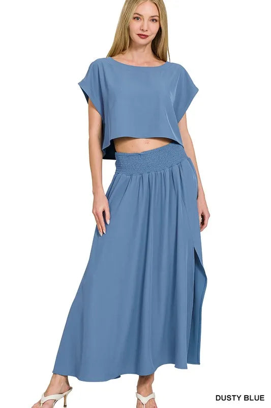 Zenana Woven Crinkle Gauze Crop Tee and Skirt Set DUSTY BLUE - Fashorio