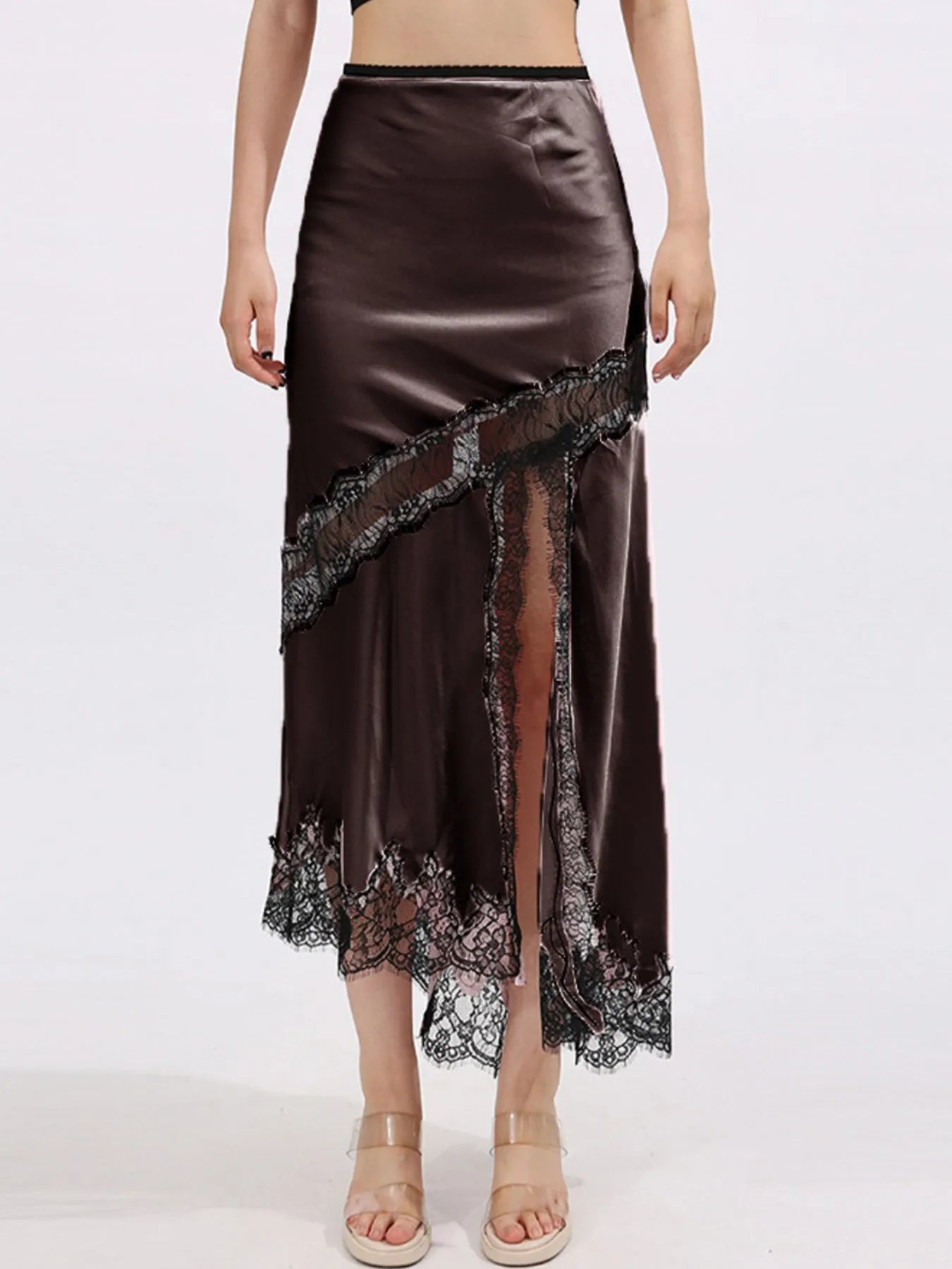 Lace Trim Asymmetrical Midi Skirt Brown - Fashorio