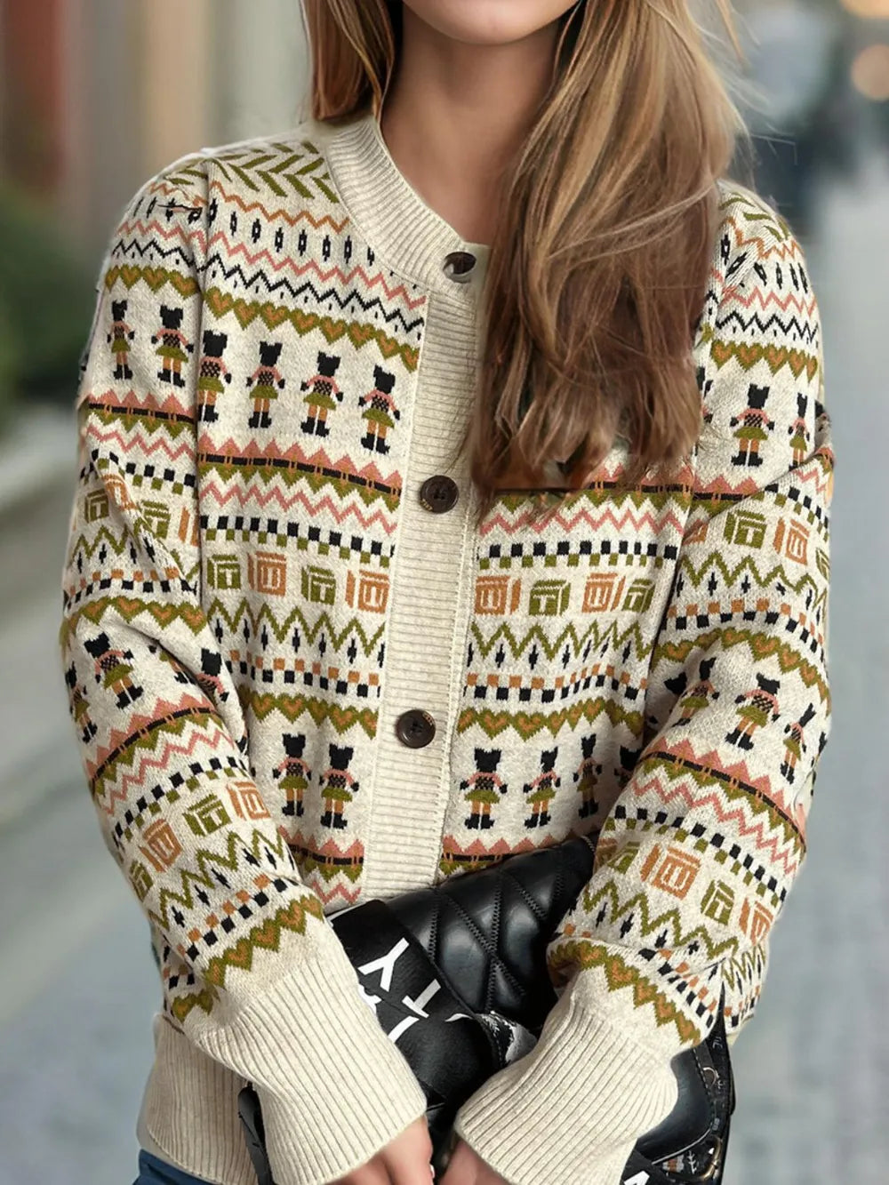 Graphic Button Down Long Sleeve Cardigan Beige One Size - Fashorio