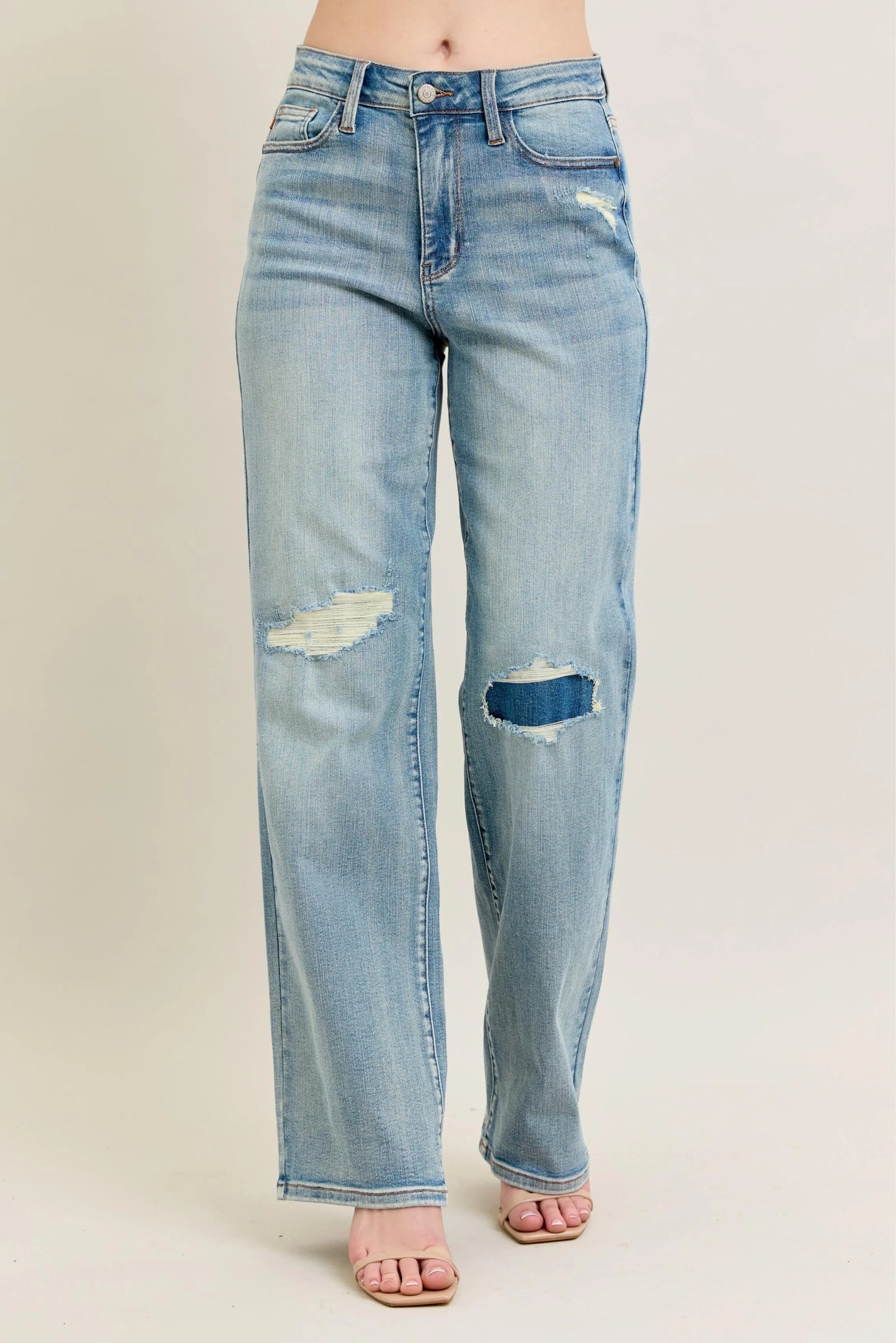 Judy Blue Full Size Hw Destroy & Knee Patch Straight Jeans Plus Size - Fashorio