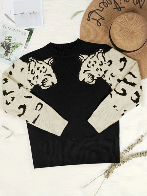 Leopard Round Neck Sweater - Fashorio