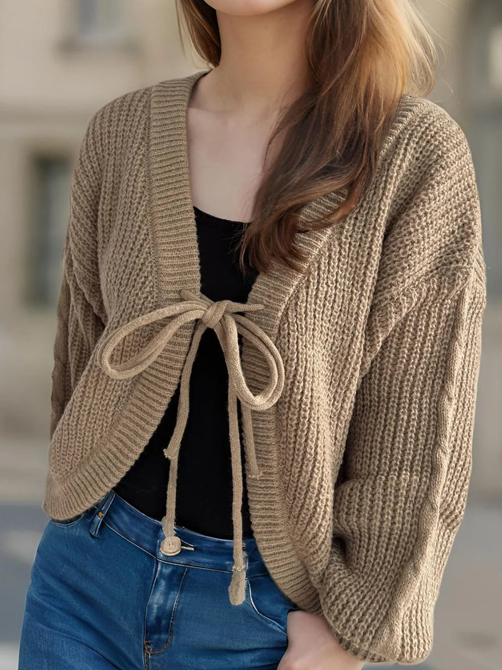 Tied Dropped Shoulder Long Sleeve Cardigan - Fashorio