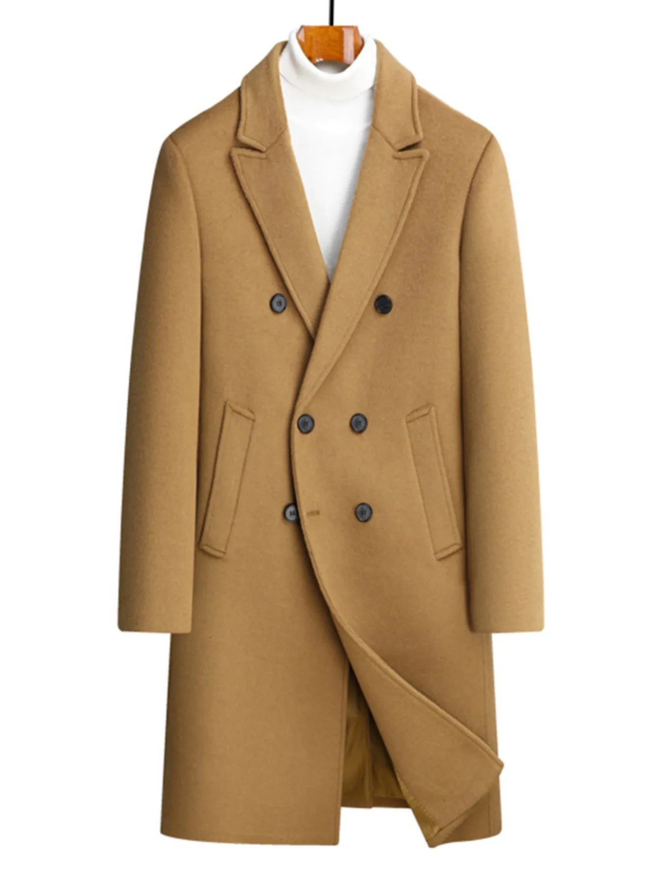 Men's Plus Size Double-Breasted Wool Overcoat Camel - Fashorio
