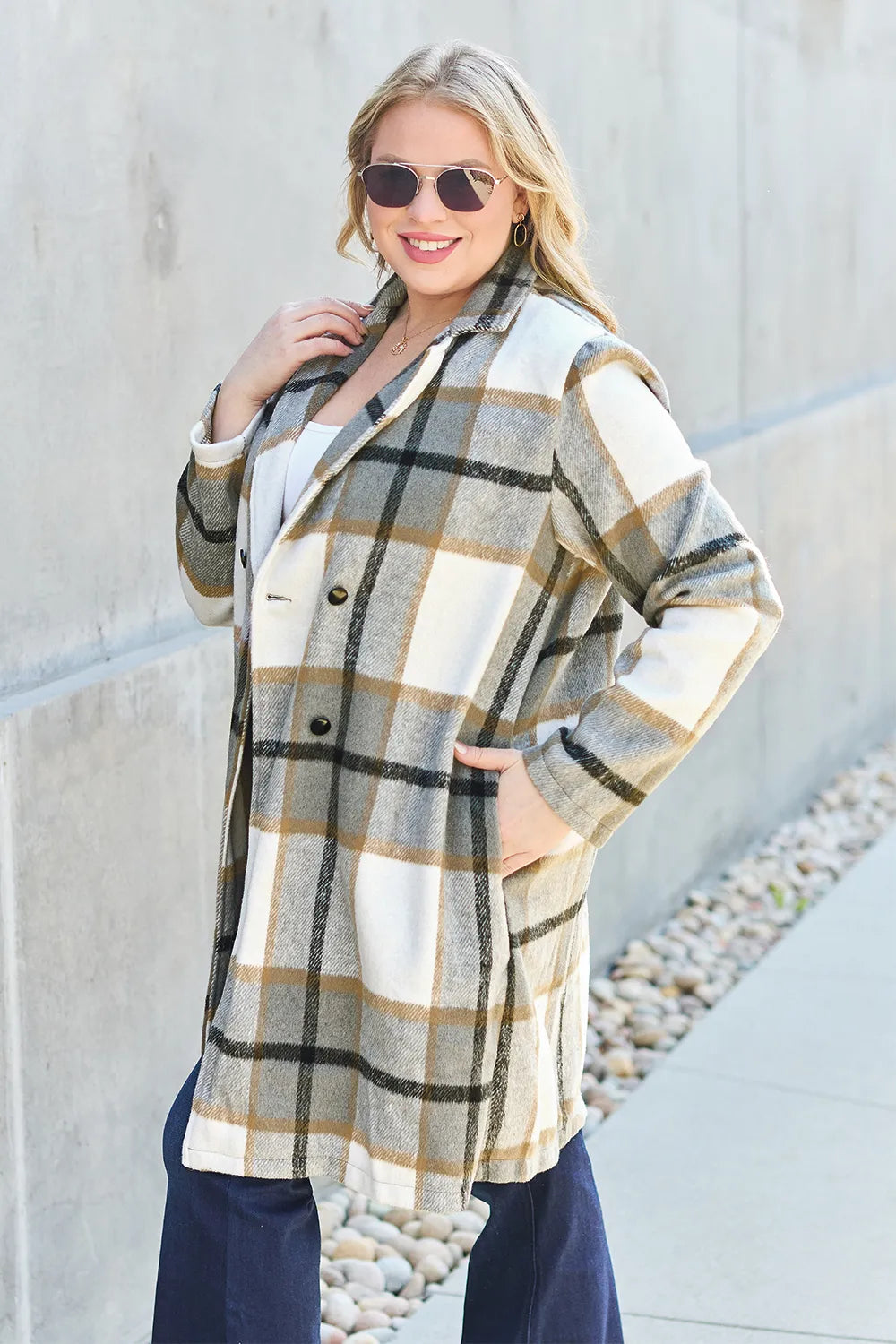 Double Take Full Size Plaid Button Up Lapel Collar Coat - Fashorio