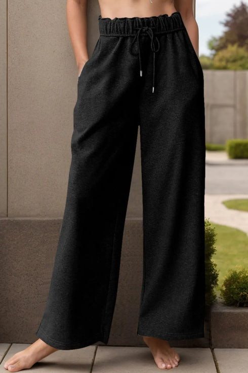 Drawstring Wide Leg Active Pants Black - Fashorio