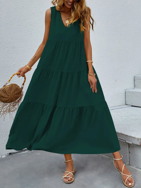 FAM-FAM Tiered V-Neck Sleeveless Dress Dark Green - Fashorio
