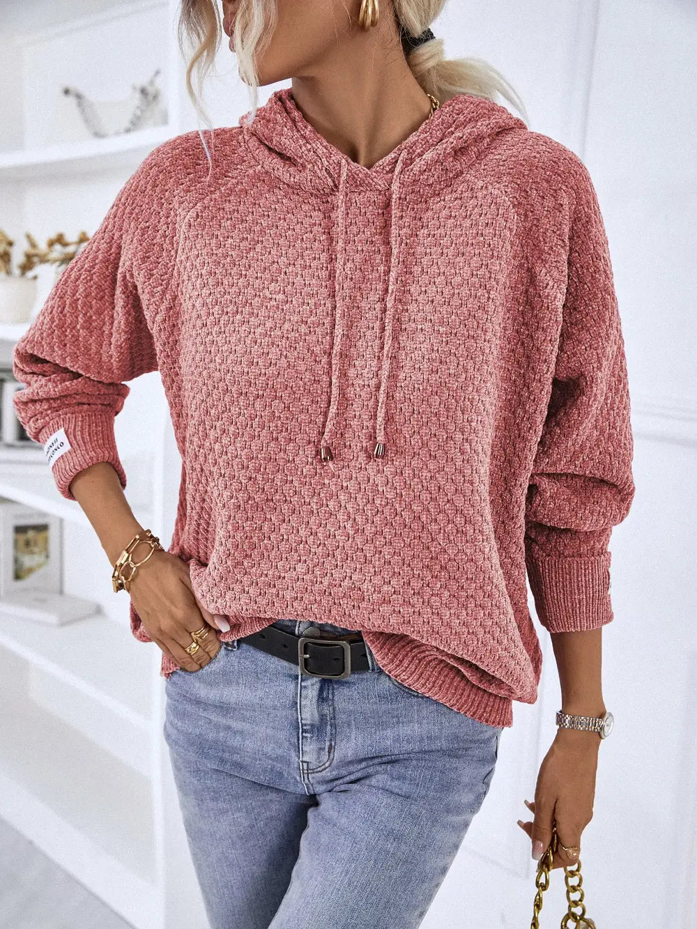 Texture Drawstring Long Sleeve Hooded Sweater Burnt Coral - Fashorio