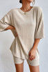 Round Neck Ribbed Top and Shorts Lounge Set Sand - Fashorio