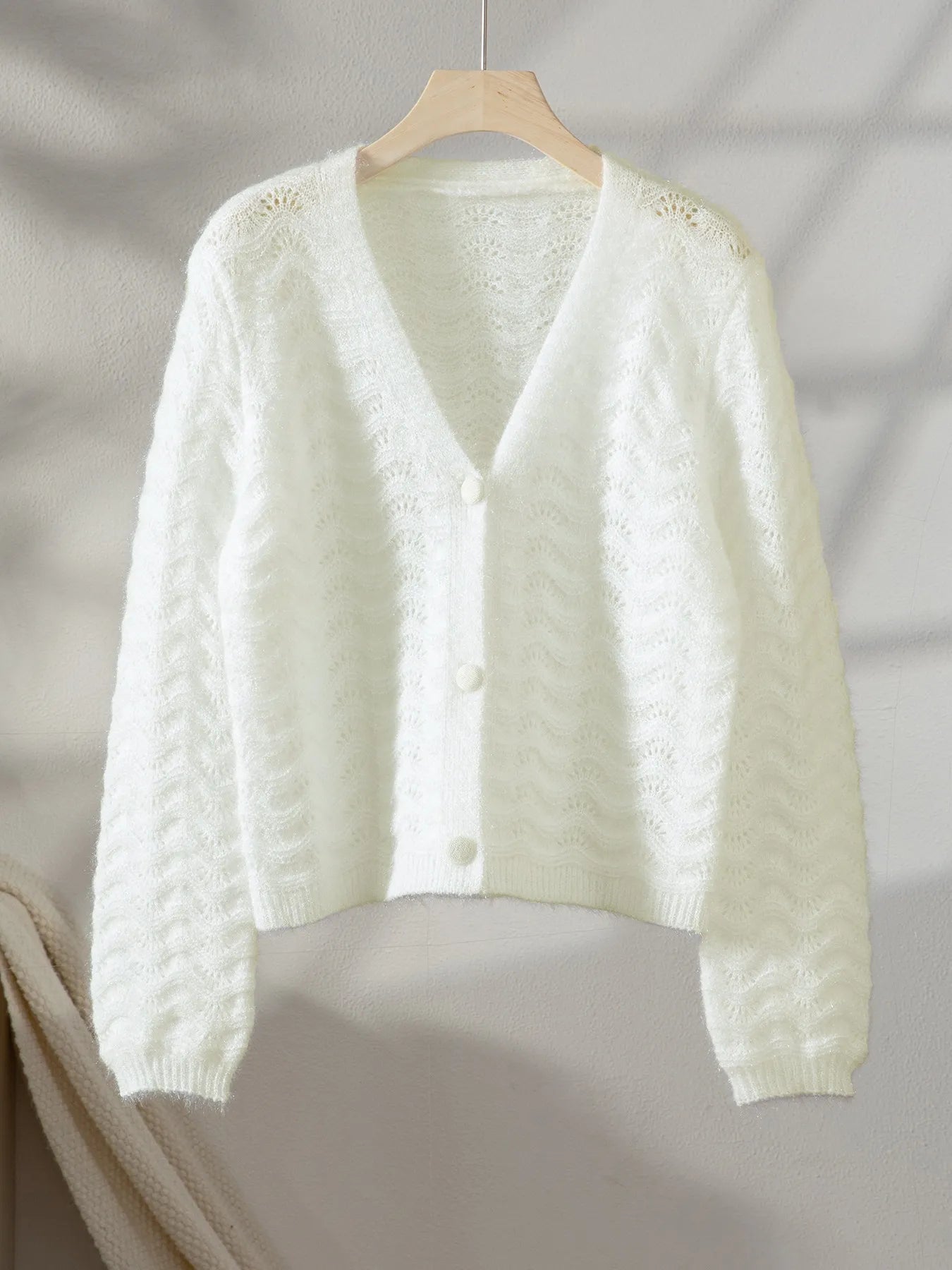 Openwork V-Neck Button Down Cardigan - Fashorio