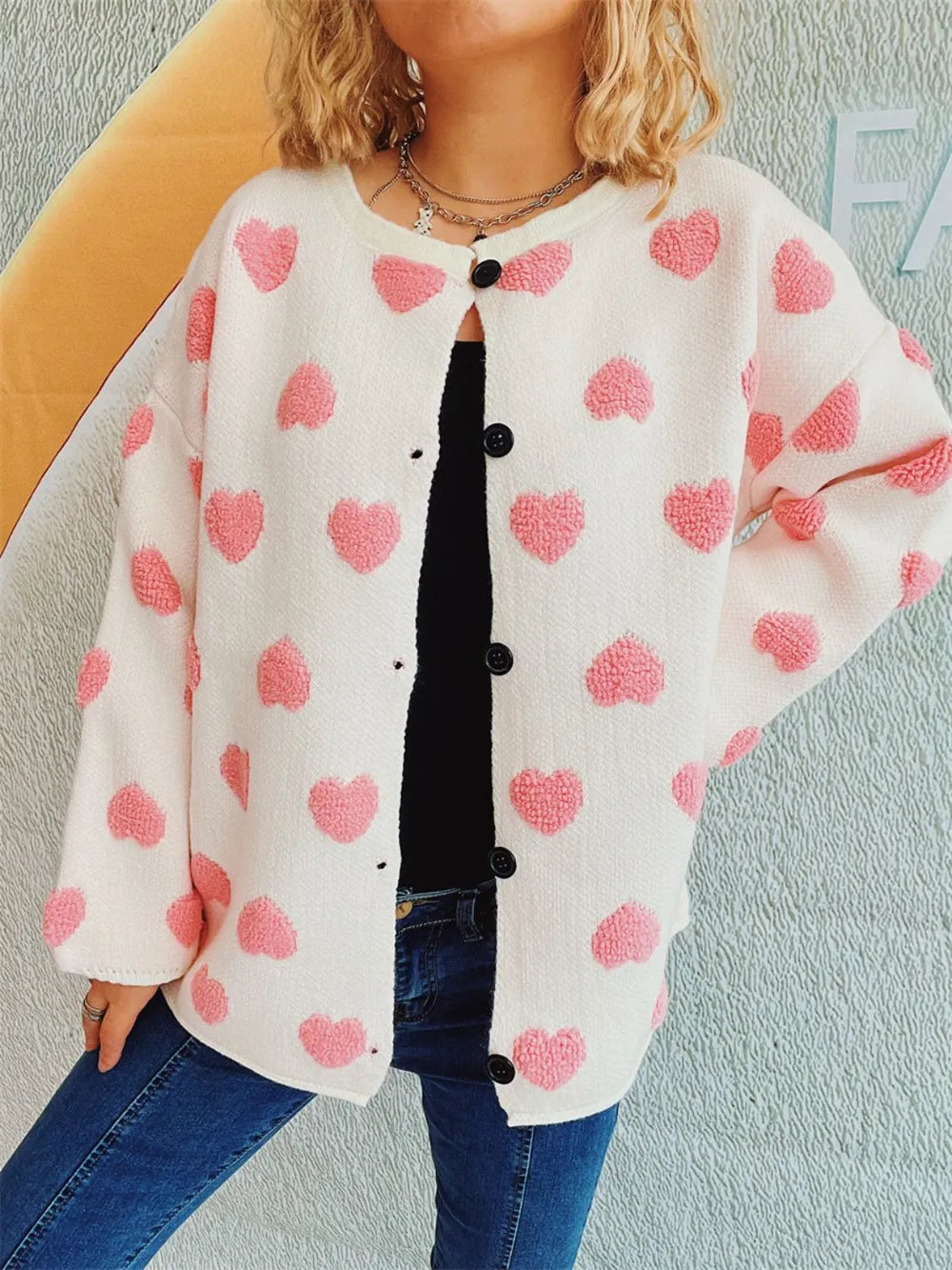 Heart Button Up Long Sleeve Cardigan - Fashorio