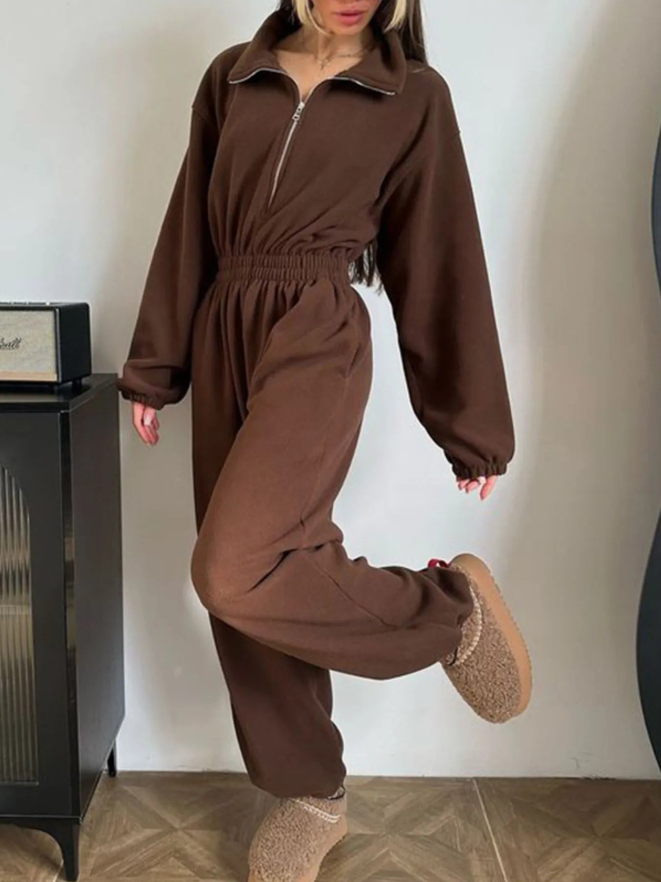 Zip Front Long Sleeve Jumpsuit - Fashorio