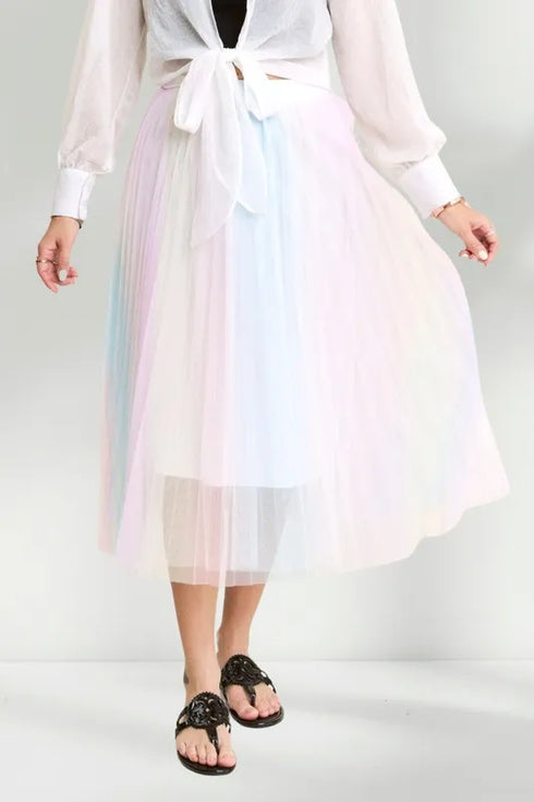 ADORA Unicorn Pleated Mesh Flare Midi Skirt - Fashorio