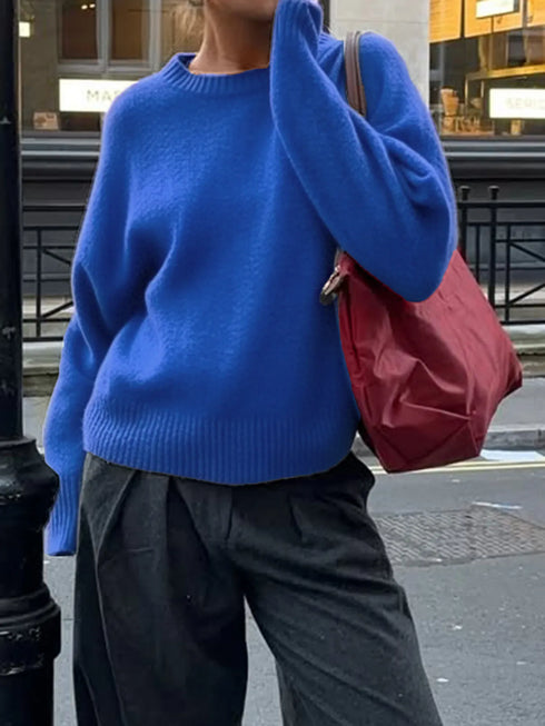 Ribbed Crewneck Drop Shoulder Sweater Blue - Fashorio